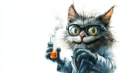 Fototapeta premium A whimsical cat in a lab coat holding a flask, portraying a scientist theme.