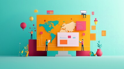 Colorful digital workspace with people collaborating on a map, showcasing creativity and technology in a vibrant environment.