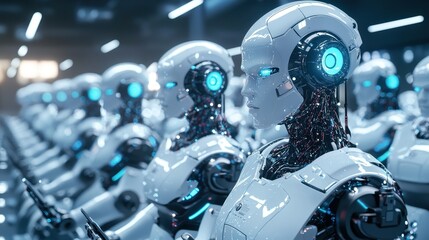 Fototapeta premium Futuristic AI Robot Army in Factory Setting