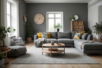 Modern Living Room Interior with Grey Sectional Sofa and Wooden Coffee Table