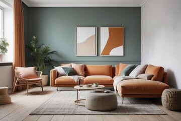 Fototapeta premium Modern Living Room Interior with Orange Sofa and Abstract Art
