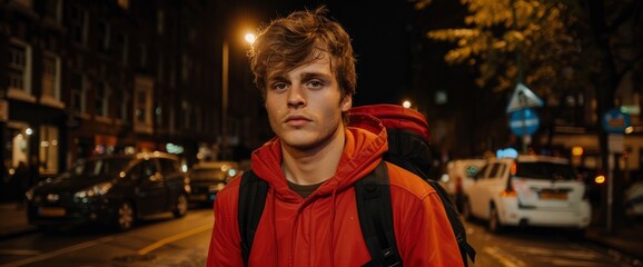 Obraz premium Young Man with Backpack Looking at Camera in a City at Night