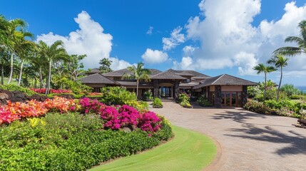 Tropical Luxury Home with Lush Landscaping and Palm Trees