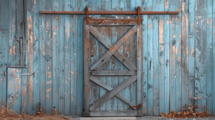 A rustic blue barn door made of weathered wood, showcasing a vintage and rural aesthetic.