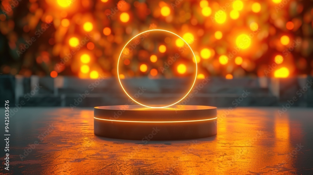 Poster a glowing neon circle on a raised platform, set against a backdrop of vibrant bokeh lights, creating
