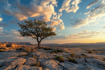 single tree, beautiful blue sky at desert with cloudy shapes, moor and rocks at sunset , ai