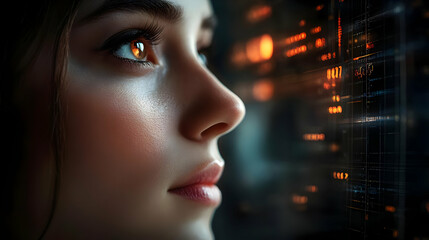 Close-up of a woman's face with glowing eyes looking at a digital screen with orange numbers and lines.