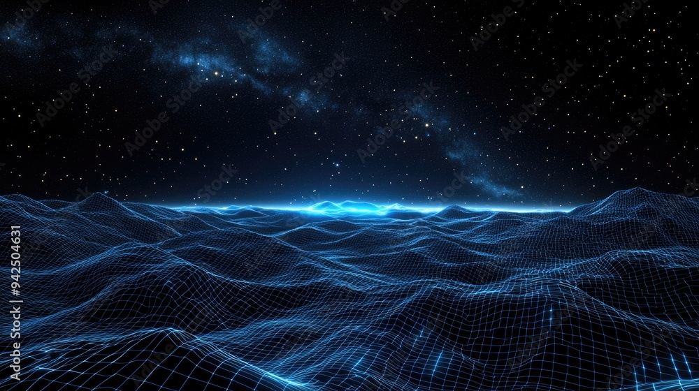 Poster Abstract landscape depicted in a 3D cartoon rendering against a dark background featuring a star horizon cyberspace grid hi tech network and starry outer space texture 3D illustration