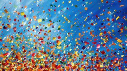 Colorful confetti pieces floating against a bright blue sky, capturing a festive and celebratory mood.