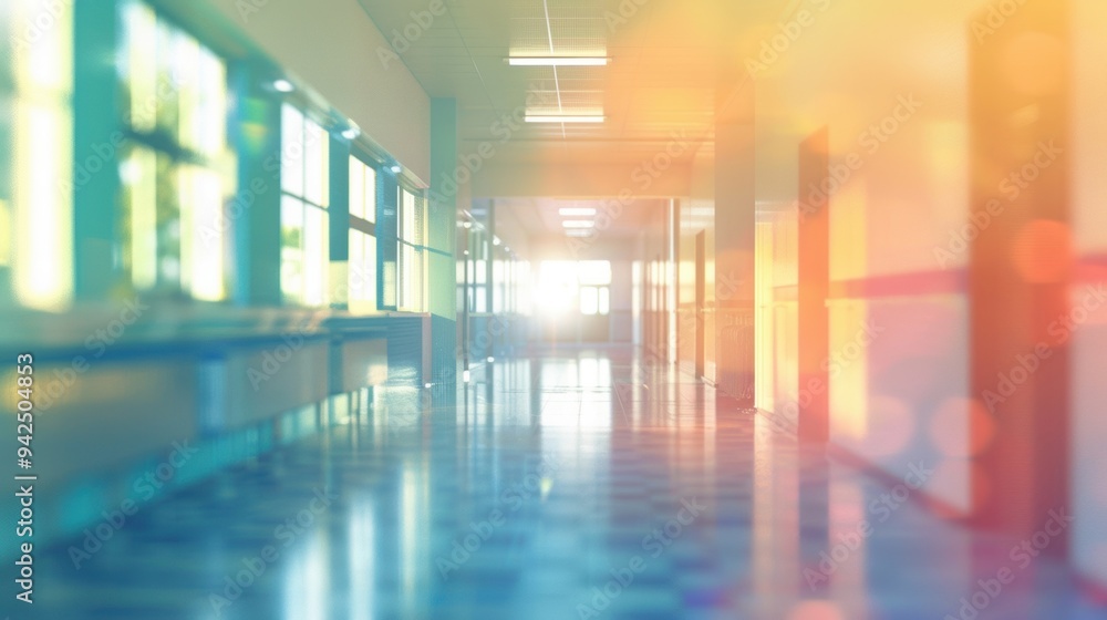 Poster a sunlit corridor with a beautiful bokeh effect, creating a bright and warm atmosphere in a modern i