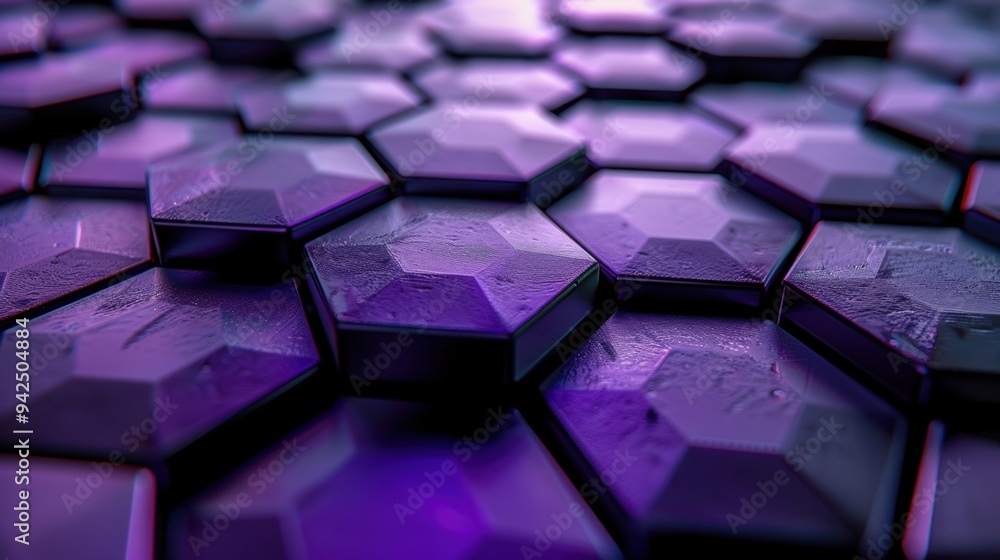 Poster a close-up view of a purple geometric tile pattern, showcasing hexagonal shapes and a futuristic abs