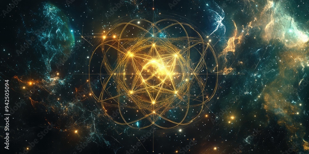 Aufkleber Sacred geometry design template featuring interlocking circles triangles and squares along with golden ratio numbers energy flows and particles set against a background of outer space presented in
