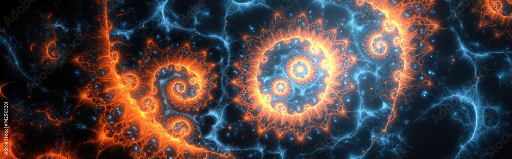 Poster Fractal radial pattern depicted in a 3D cartoon rendering focusing on themes of science technology and design