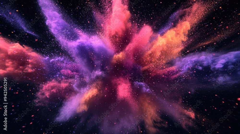 Poster Abstract art in a 3D cartoon rendering featuring colorful powder against a black background A frozen display of a dust explosion showcasing multiple colors on a dark backdrop Capturing the stopped
