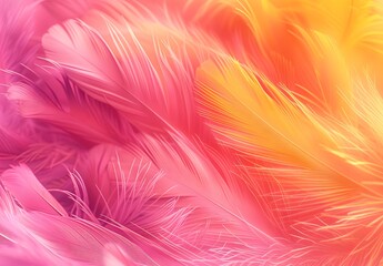 Fototapeta premium Vibrant pink and yellow gradient background with feather texture for a festive touch. The soft, fluffy feathers add an artistic feel to the design, creating a visually appealing and dynamic wallpaper 