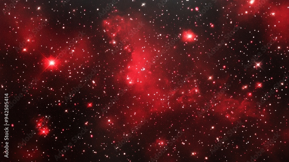 Poster cartoon rendering in 3d of red galaxies and stars against a starry sky