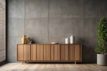 Wooden Cabinet with Vases and Plant Against Concrete Wall