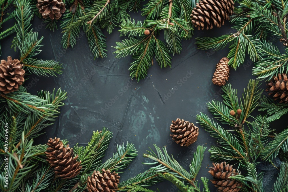 Wall mural overhead view on spruce and thuja branches with cones, Christmas background