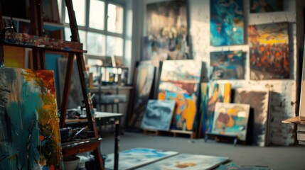 Obraz premium A cozy art studio filled with colorful paintings and art supplies, capturing the creative atmosphere of an artist's workspace.
