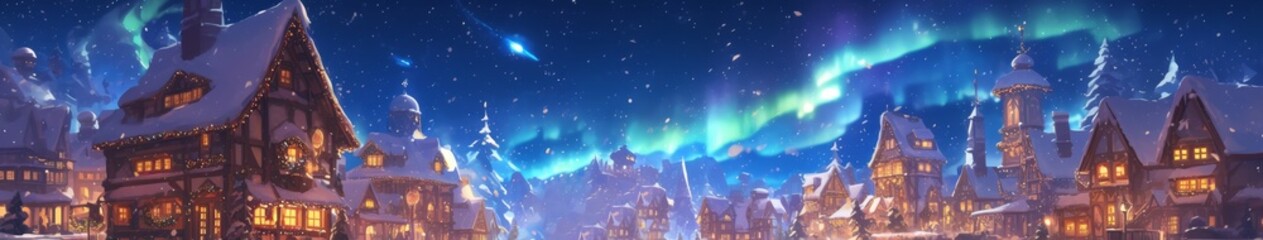 Enchanting Winter Wonderland: Anime-Style Snowy Town Illuminated by Northern Lights, Reflecting Christmas Magic - Creative Marketing Template for Holiday Campaigns, Seasonal Promotions, and Festive We