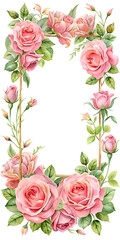 A bouquet of pink roses, each with a green stem and leaves, arranged in a rectangular frame, against a white background