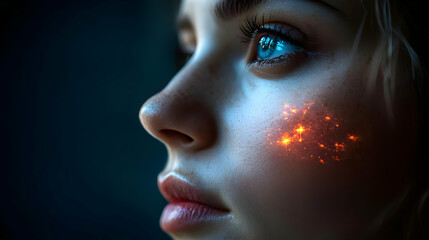 Fototapeta premium Close-up of a woman's face with glowing sparks on her cheek.