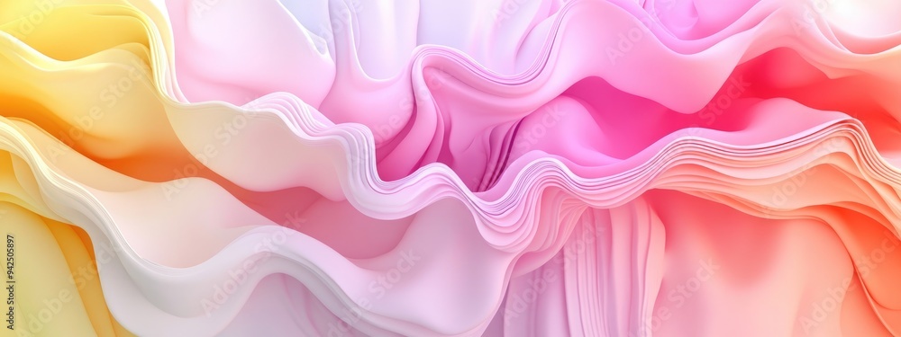 Poster 3D cartoon depiction of a white abstract background featuring a pastel rainbow texture in pink yellow orange violet and magenta designed with fractal patterns