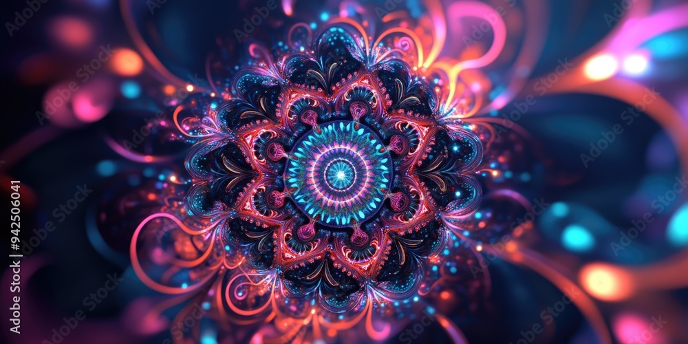 Poster Beautiful mandala in a 3D cartoon rendering Abstract fractal shapes and patterns Infinite universe with a mysterious psychedelic relaxation design Dynamic flowing natural forms Sacred geometry