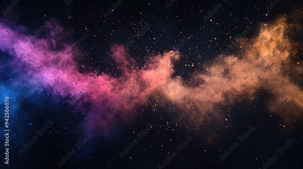 Aufkleber colorful powder particles burst and fly in a 3d cartoon rendering against a black background