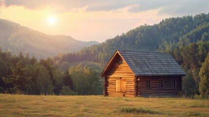 Obraz premium A cozy log cabin situated in a beautiful mountain landscape at sunset, creating a serene and picturesque scene.