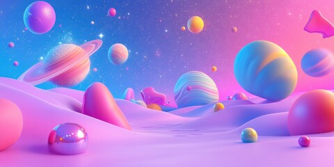 Cosmos background featuring a vibrant 3D cartoon rendering of galaxy and universe shapes with star dust A fantastic space landscape with planets and holographic futuristic gradients Fluid 3D design