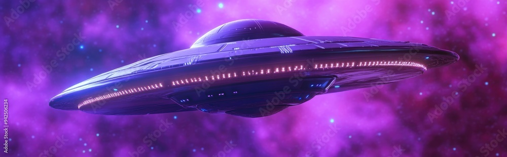 Poster purple alien spaceship ufo depicted in a 3d cartoon rendering