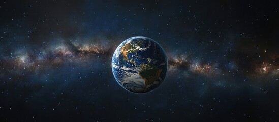 Cartoon rendering in 3D of Planet Earth surrounded by dark outer space nebula and galaxy Milky Way