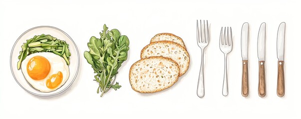 A delicious breakfast spread featuring eggs, greens, bread slices, and cutlery arranged elegantly on a simple background.