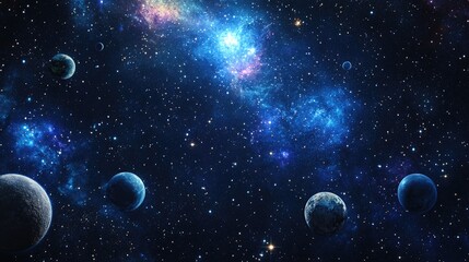 2D illustration featuring a 3D cartoon rendering Realistic star pattern in deep interstellar space showcasing stars planets and moons Various creative backdrops from science fiction Space art with