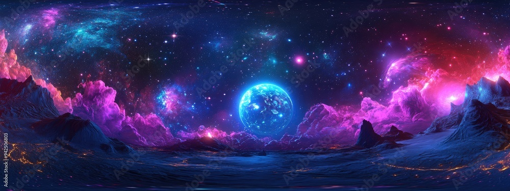 Aufkleber 360 degree space background with nebula and stars featuring equirectangular projection and environment map in a 3D cartoon rendering HDRI spherical panorama 3D illustration