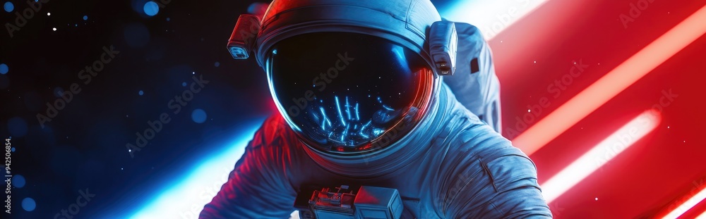Poster 3D cartoon depiction of an astronaut in outer space using mixed media