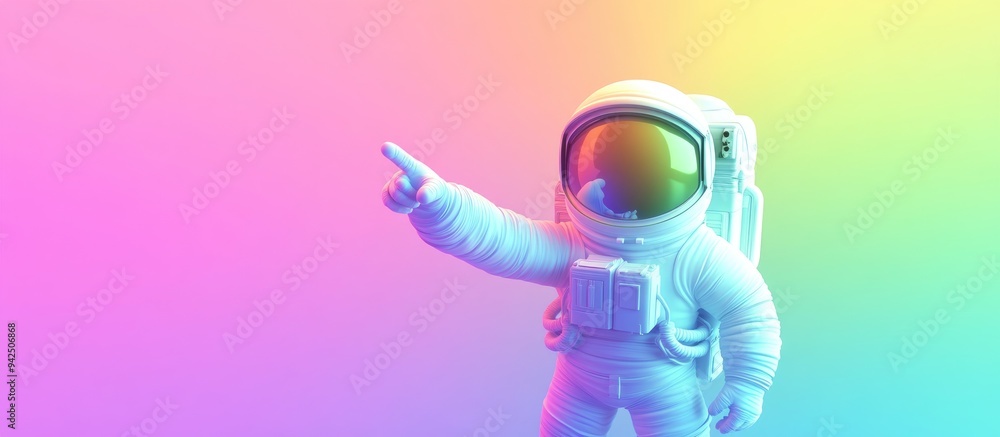 Aufkleber Rainbow gradient line drawing of a happy cartoon astronaut in 3D pointing