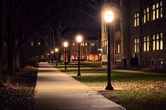 The college campus at night features a quiet, empty pathway lined with glowing lampposts. The buildings are lit, Generative AI