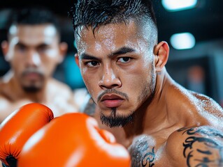 Intense close-up of a focused boxer preparing for a match, showcasing determination and athleticism in a dynamic training environment.