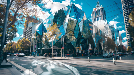 Naklejka premium Modern futuristic blue building in Melbourne