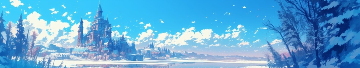 Enchanting Fairy Tale Castle in Winter Wonderland: Anime-Style Illustration for Magical Marketing Campaigns, Seasonal Promotions, and Dreamy Web Designs - Elegant Abstract Background with Copy Space