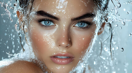 Close-up of a woman's face with water droplets.