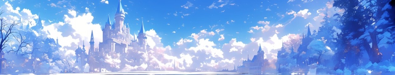 Fototapeta premium Enchanting Fairy Tale Castle in Winter Wonderland: Anime-Style Illustration for Magical Marketing Campaigns, Seasonal Promotions, and Dreamy Web Designs - Elegant Abstract Background with Copy Space