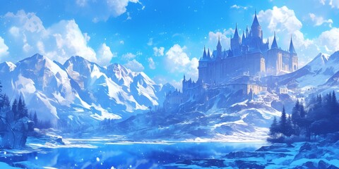 Enchanting Fairy Tale Castle in Winter Wonderland: Anime-Style Illustration for Magical Marketing Campaigns, Seasonal Promotions, and Dreamy Web Designs - Elegant Abstract Background with Copy Space
