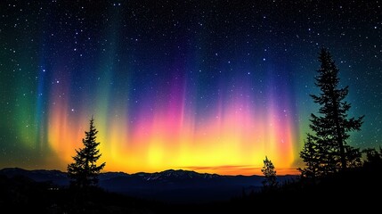 Fototapeta premium Colorful Aurora Borealis Over Silhouetted Mountains