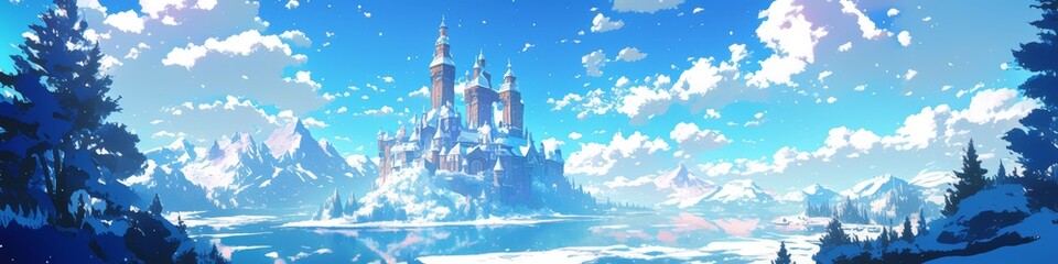 Fototapeta premium Enchanting Fairy Tale Castle in Winter Wonderland: Anime-Style Illustration for Magical Marketing Campaigns, Seasonal Promotions, and Dreamy Web Designs - Elegant Abstract Background with Copy Space