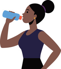 A black skin woman drinking water from a bottle illustration