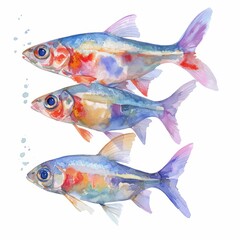 Fototapeta premium watercolor painting of a school of neon tetras with their shimmering scales, on isolated white background