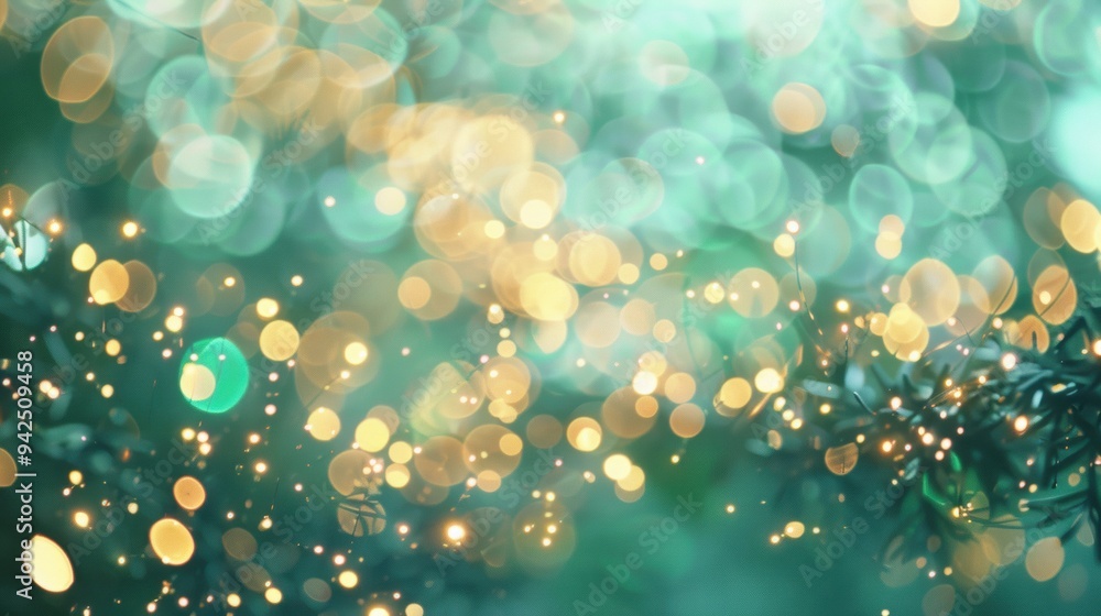 Aufkleber blurred bokeh lights in shades of green and gold creating a festive and dreamy abstract background w